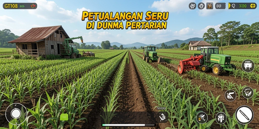 Screenshot gameplay GT108 menampilkan suasana pertanian yang indah dan interaktif.