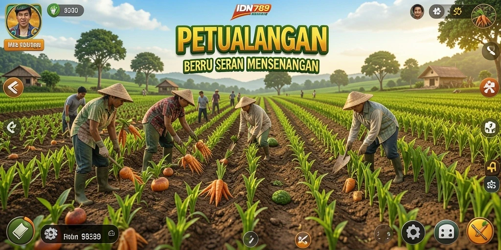 Tangkapan layar gameplay IDN789 menunjukkan aktivitas bertani yang dinamis.