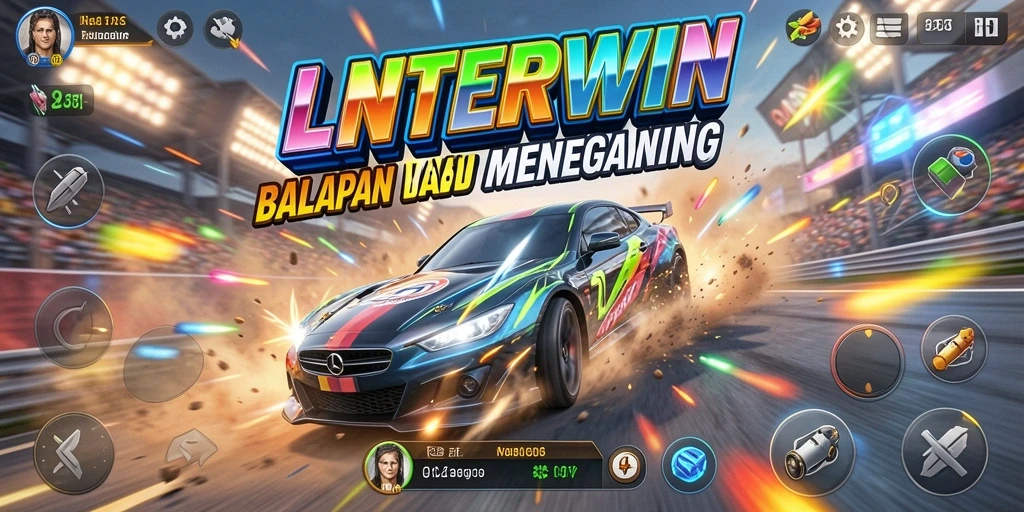 Screenshot gameplay LNTERWIN menunjukkan aksi balapan yang mendebarkan.